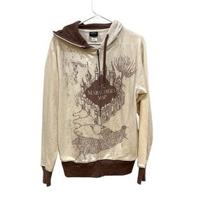 Harry Potter Universal Studios Full Zip Hooded Sweatshirt Beige Wizard Womens S